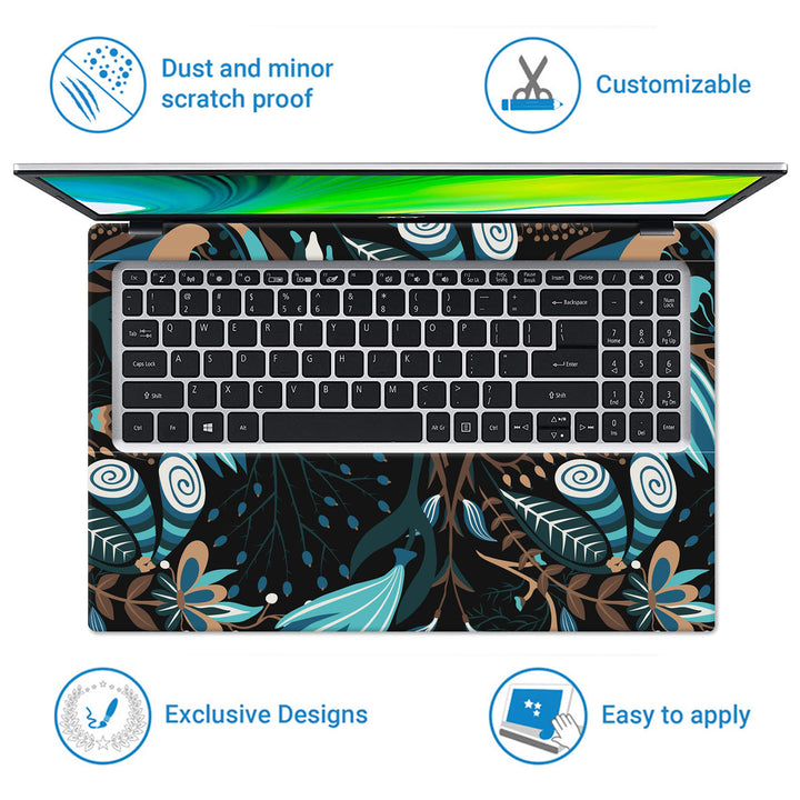 Laptop Skin - Cyan Green Shaded Butterfly Floral on Black - SkinsLegend