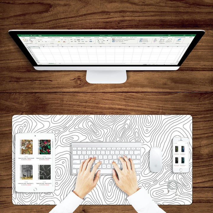 Anti-Slip Desk Mat Gaming Mouse Pad - White Topography Lines