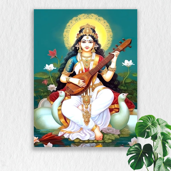 Self Adhesive Textured Vinyl Poster Divine Saraswati with Lotus