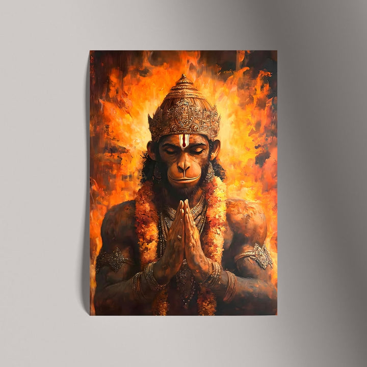 Self Adhesive Textured Vinyl Poster Lord Hanuman Praying in Flames