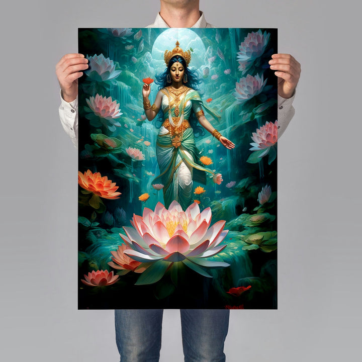 Self Adhesive Textured Vinyl Poster Divine Goddess Lakshmi on Lotus