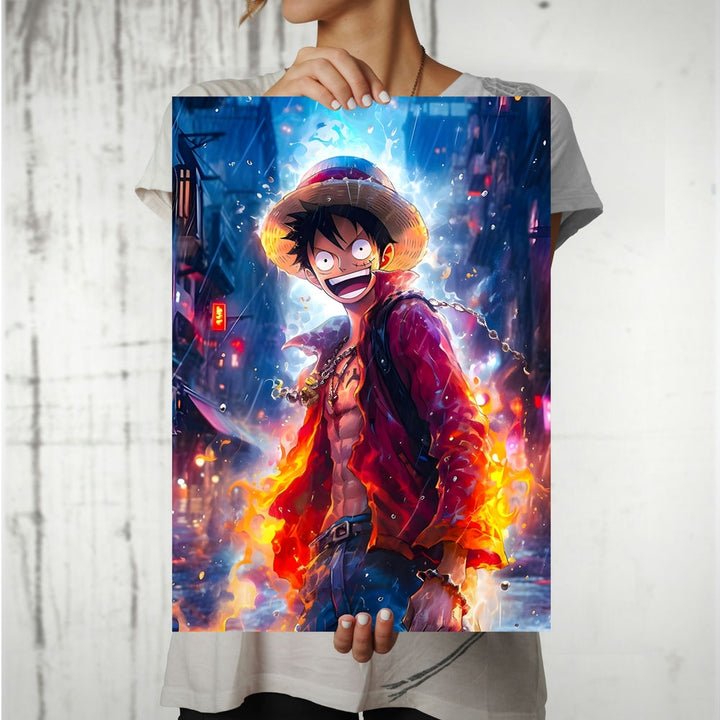 Metal Poster - Anime Monkey D Luffy Fire Water