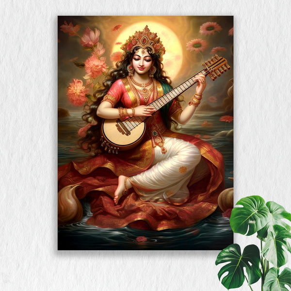 Self Adhesive Textured Vinyl Poster Goddess Saraswati with Veena