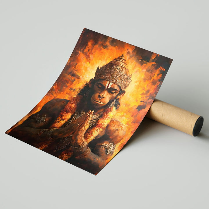 Self Adhesive Textured Vinyl Poster Lord Hanuman Praying in Flames