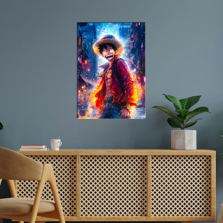 Metal Poster - Anime Monkey D Luffy Fire Water