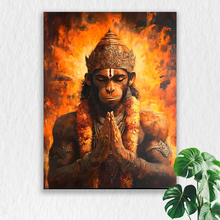 Self Adhesive Textured Vinyl Poster Lord Hanuman Praying in Flames