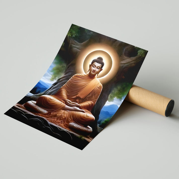 Self Adhesive Textured Vinyl Poster Enlightened Buddha Under Bodhi Tree