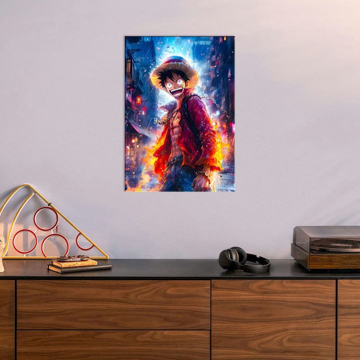 Metal Poster - Anime Monkey D Luffy Fire Water