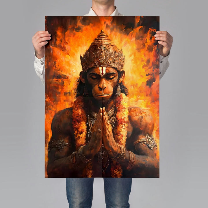 Self Adhesive Textured Vinyl Poster Lord Hanuman Praying in Flames