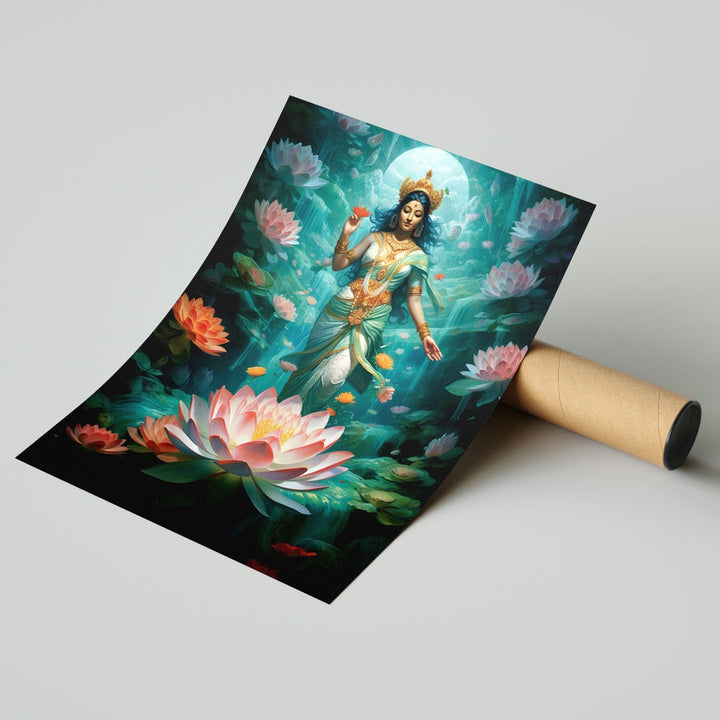 Self Adhesive Textured Vinyl Poster Divine Goddess Lakshmi on Lotus