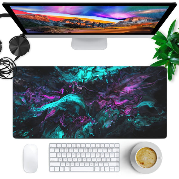 Anti-Slip Desk Mat Gaming Mouse Pad - Dark Fluid Neon Topography