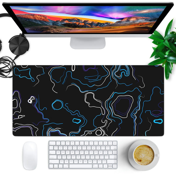 Anti-Slip Desk Mat Gaming Mouse Pad - Neon Blue and Purple Contour Lines