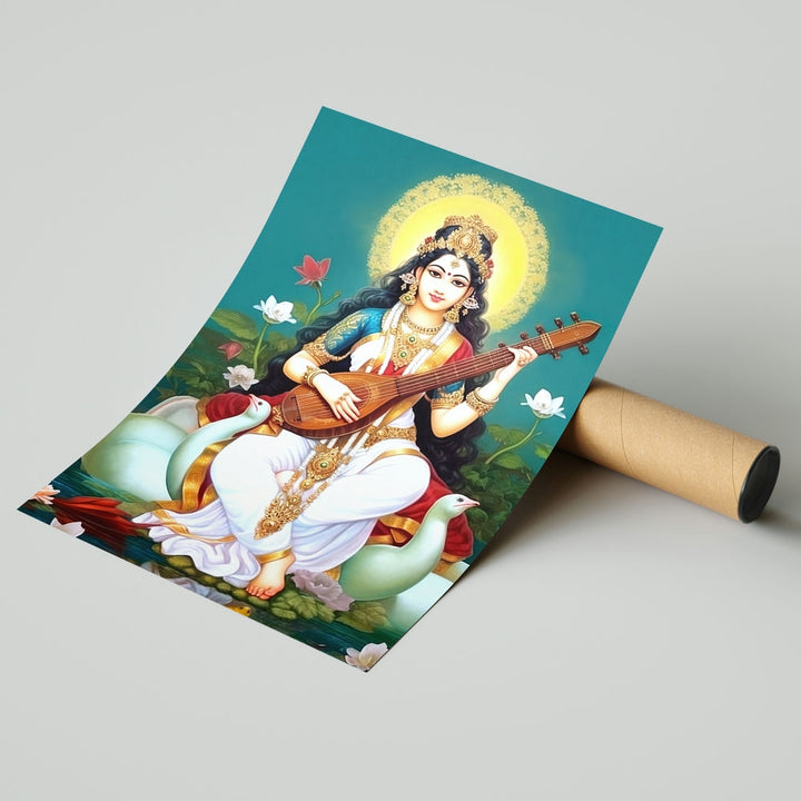 Self Adhesive Textured Vinyl Poster Divine Saraswati with Lotus