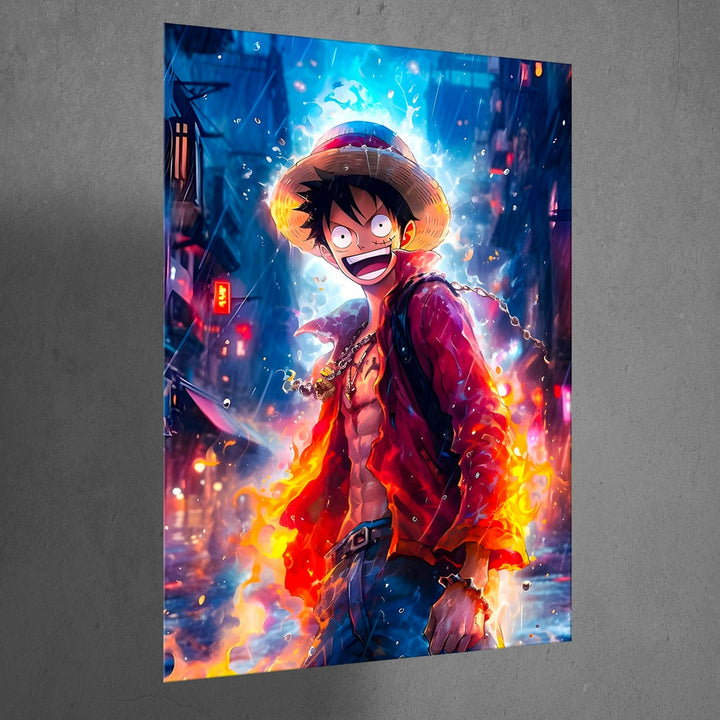 Metal Poster - Anime Monkey D Luffy Fire Water