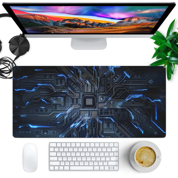 Anti-Slip Desk Mat Gaming Mouse Pad - Futuristic Tech Blue Circuit