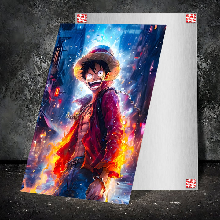 Metal Poster - Anime Monkey D Luffy Fire Water