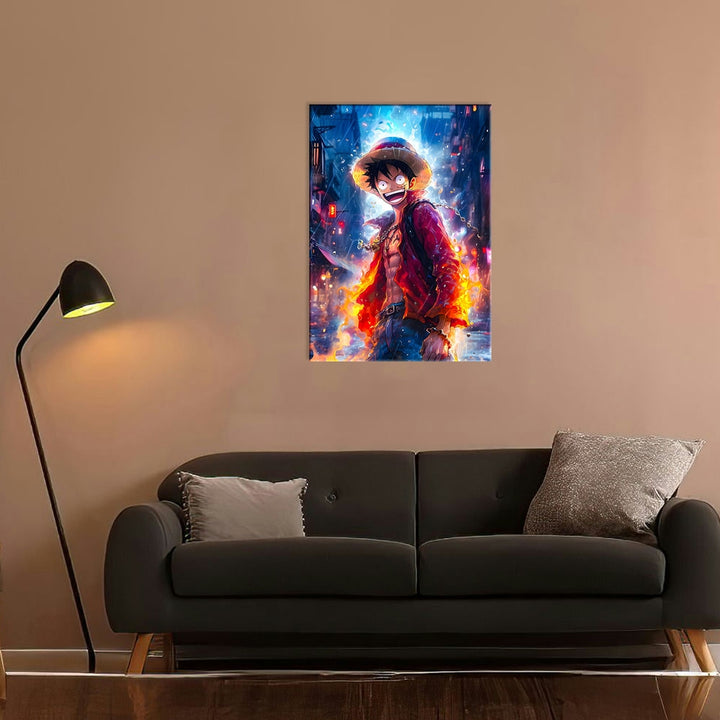 Metal Poster - Anime Monkey D Luffy Fire Water