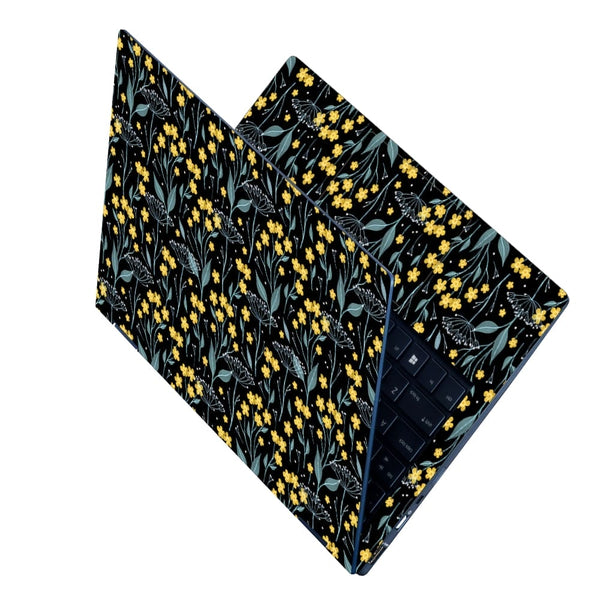 Laptop Skin - Yellow Grey Tiny Floral Leaves on Black