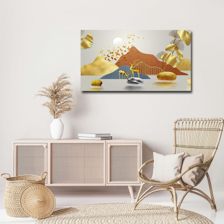 36x20 Canvas Painting - Golden 3D Deer Butterfly