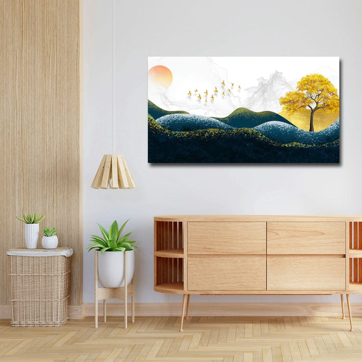 36x20 Canvas Painting - Green Blueish Mountains Golden Tree