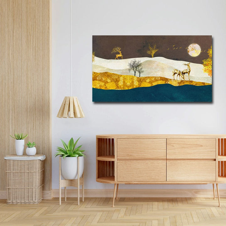 36x20 Canvas Painting - 3D Golden Deer Blue Golden Mountain