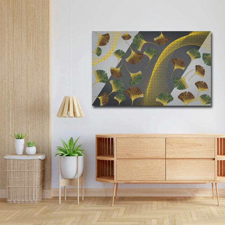 32x20 Canvas Painting - Green Golden Brown Leaf on Grey Black Back