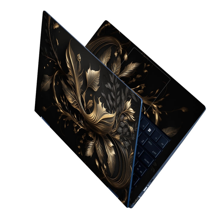 Laptop Skin - Golden Lines Luxury Leaves on Black