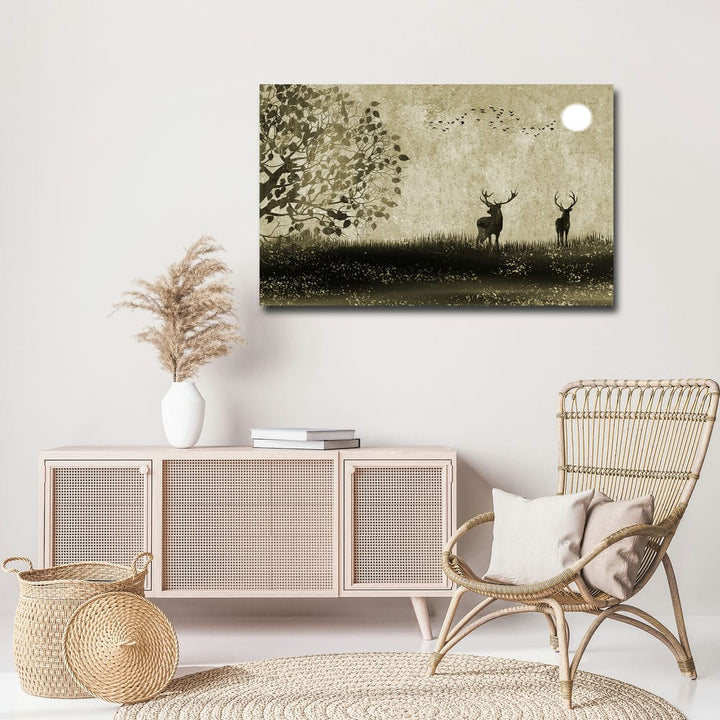 32x20 Canvas Painting - Two Deer and Moon Brownish Art