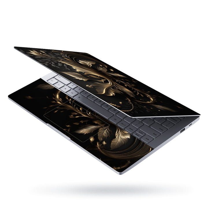 Laptop Skin - Golden Lines Luxury Leaves on Black