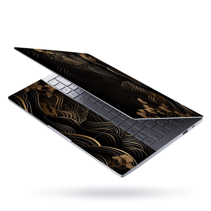 Laptop Skin - Golden Floral Waves on Black