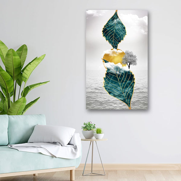 20x32 Canvas Painting - Green Big Metallic Leaves