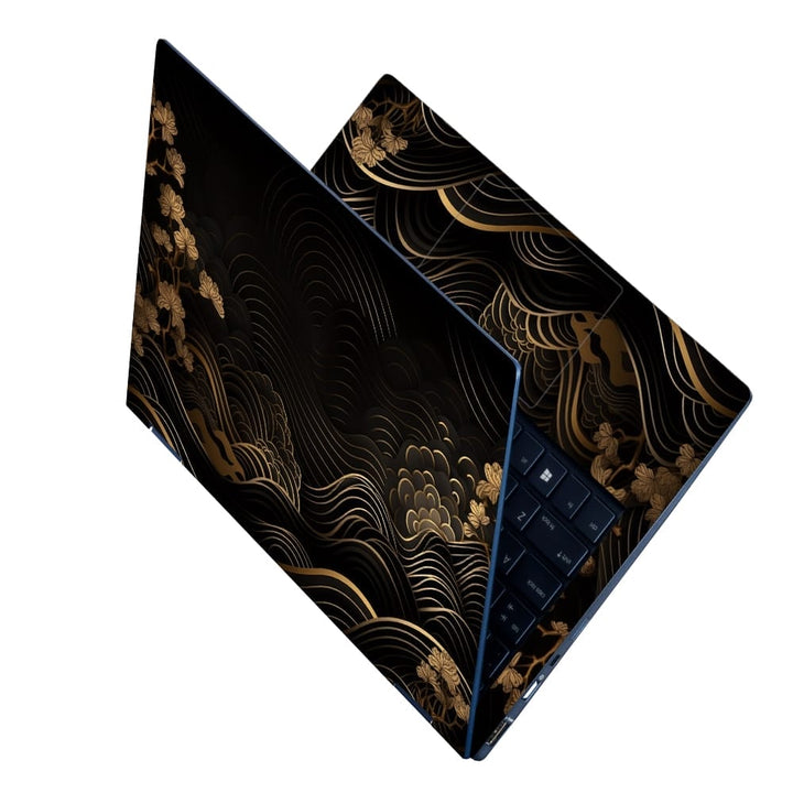 Laptop Skin - Golden Floral Waves on Black