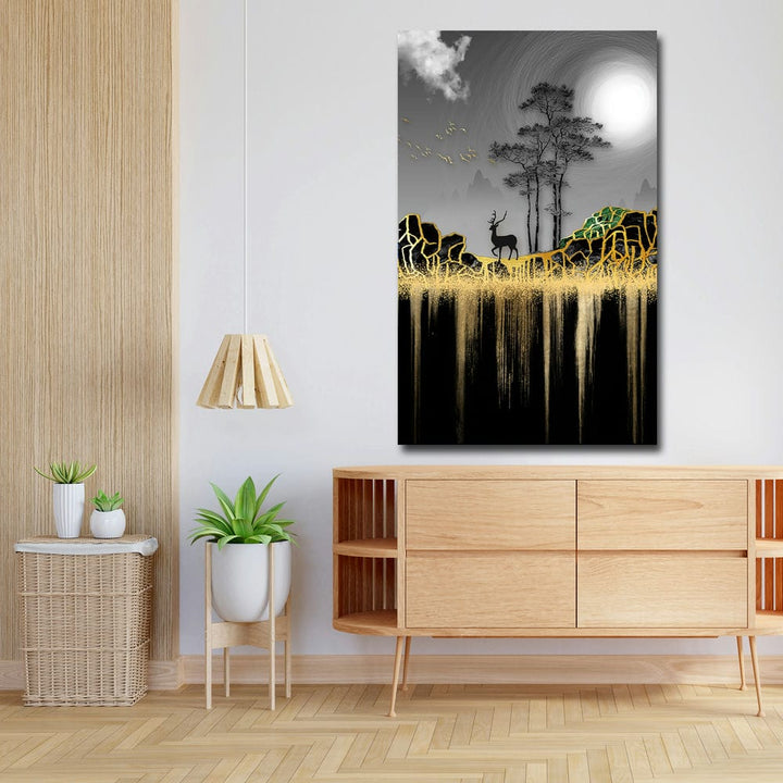 20x32 Canvas Painting - Black Deer on Black Golden Mountains