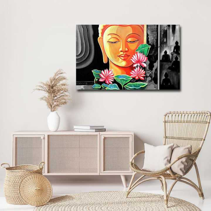 32x20 Canvas Painting - Orange Buddha Face on Black Background