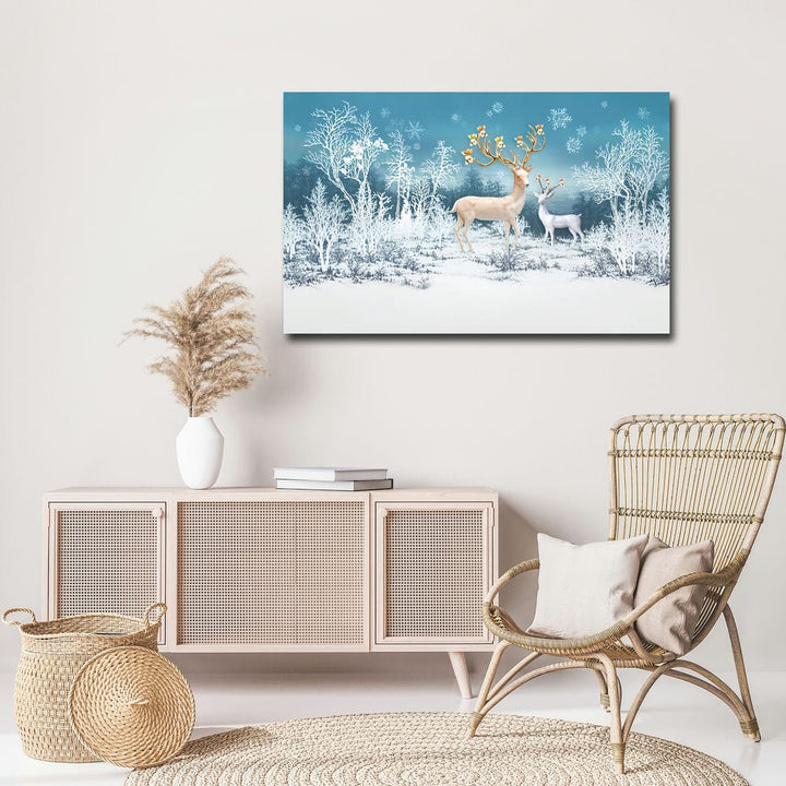 32x20 Canvas Painting - Golden Horns Deer on White Snow