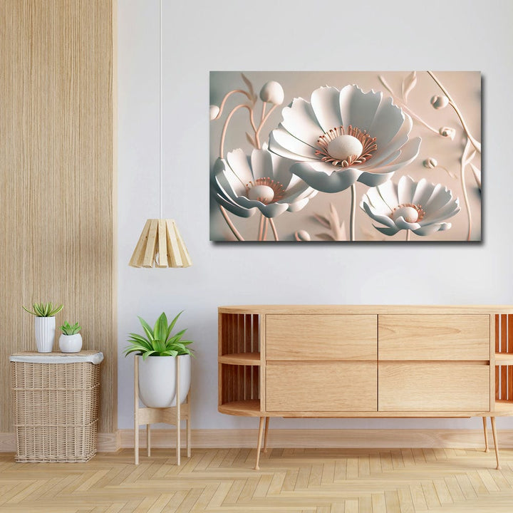 32x20 Canvas Painting - White Big 3D Flowers