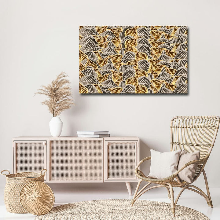 32x20 Canvas Painting - Golden Grey Leaf Collage