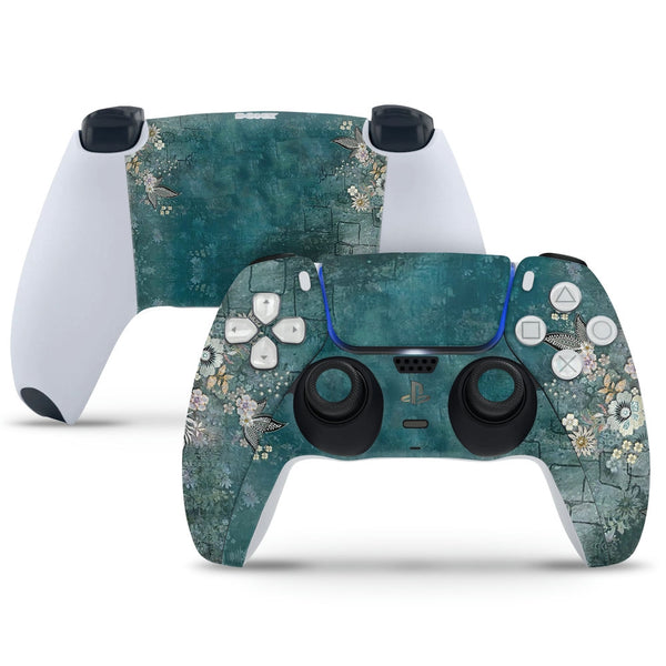 PS5 Controller Skin - Flower Art on Dark Green Wall