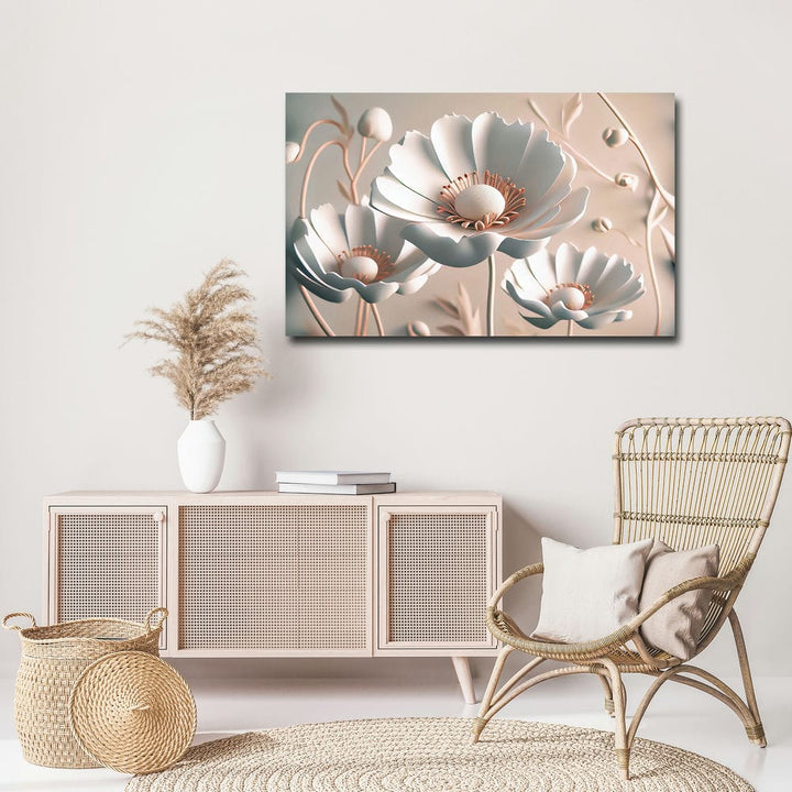 32x20 Canvas Painting - White Big 3D Flowers