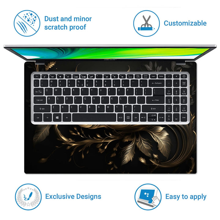 Laptop Skin - Golden Lines Luxury Leaves on Black