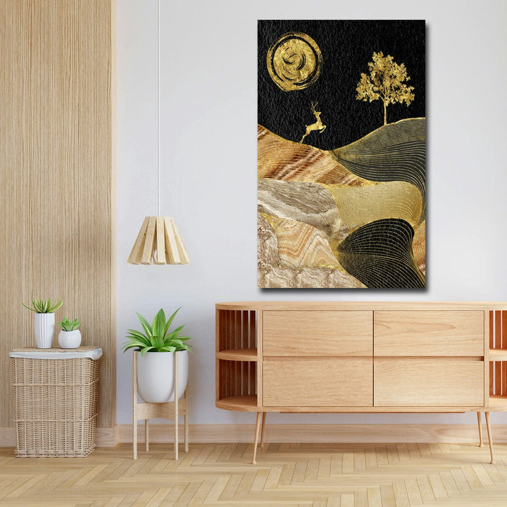 20x32 Canvas Painting - Running Deer Golden Black Effect