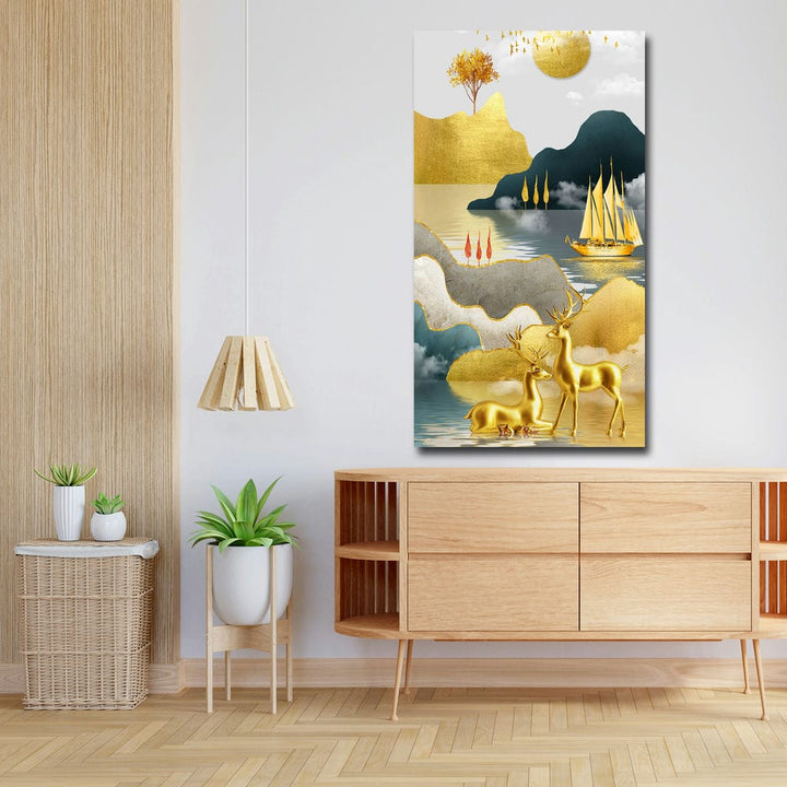 20x36 Canvas Painting - Golden Ship and 3D Deers Portrait