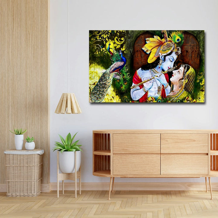 32x20 Canvas Painting - Radha Krishna Peacock Green