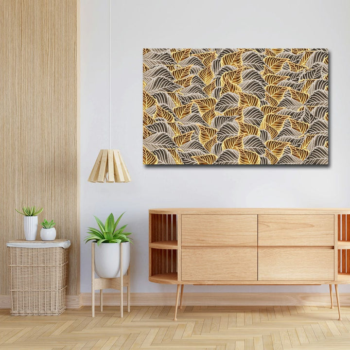 32x20 Canvas Painting - Golden Grey Leaf Collage