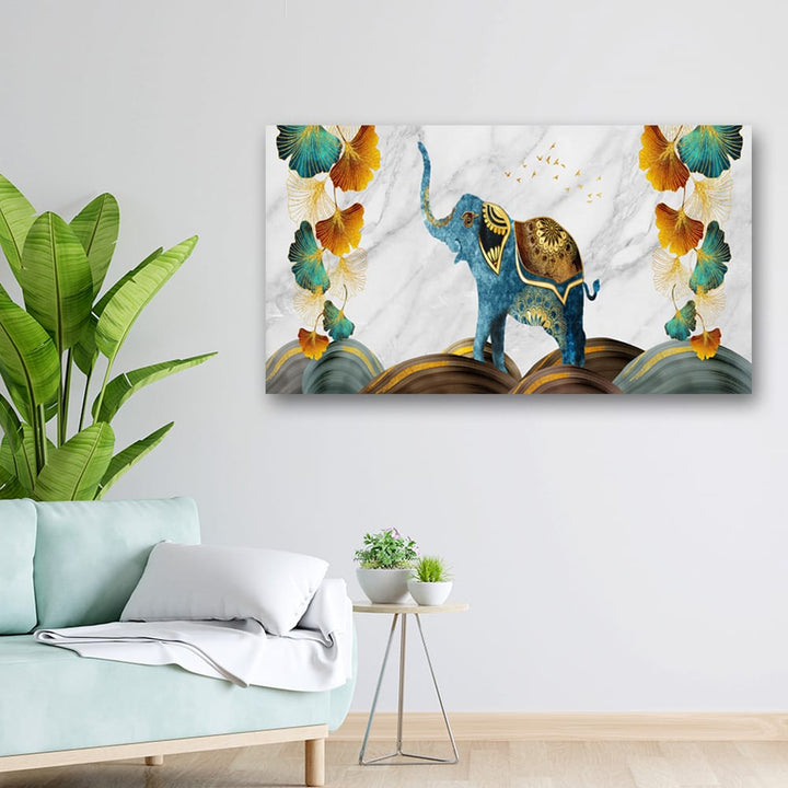 36x20 Canvas Painting - Elephant Golden Green Leaf Art