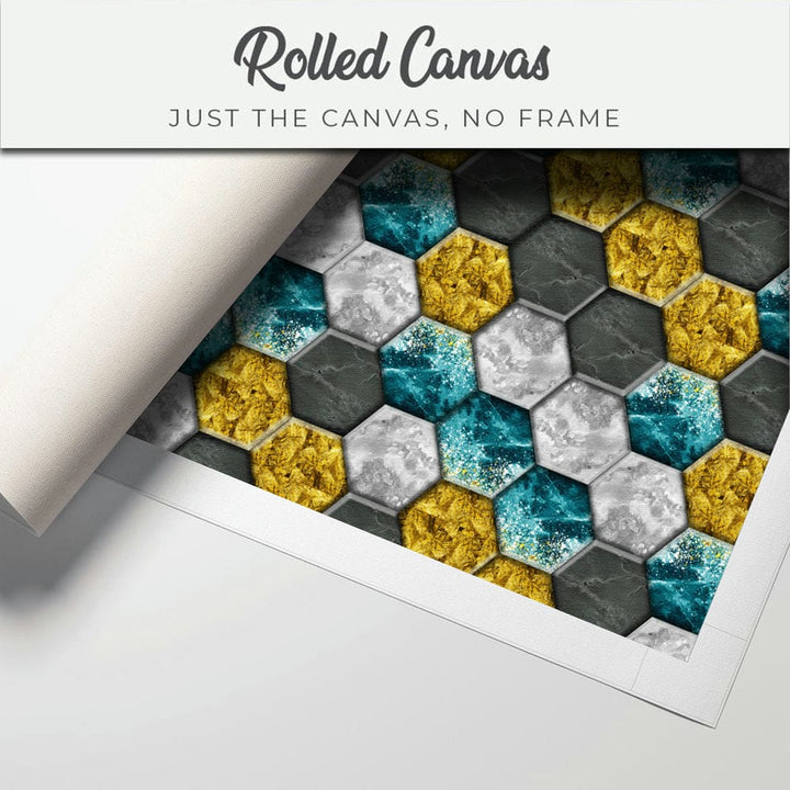 32x20 Canvas Painting - Golden Blue Grey Hexagon