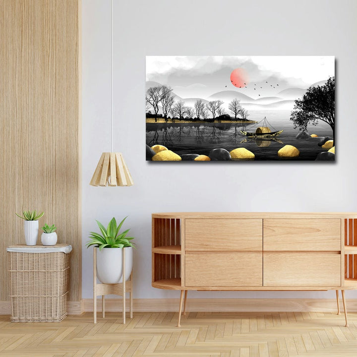 36x20 Canvas Painting - Black Golden Stones Golden Boat