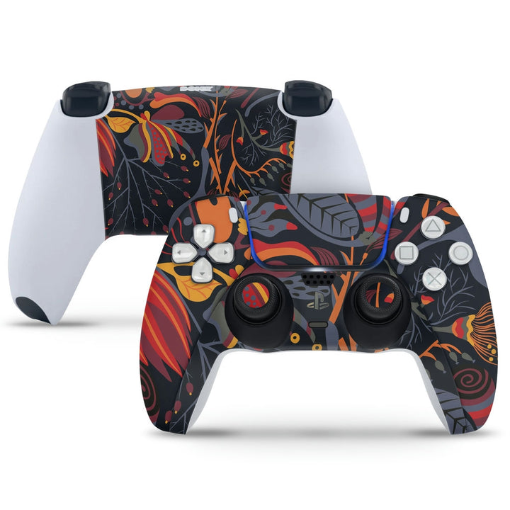 PS5 Controller Skin - Orange Grey Shaded  Butterfly Floral on Black