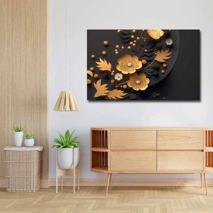 32x20 Canvas Painting - Golden Flowers Black Leaves