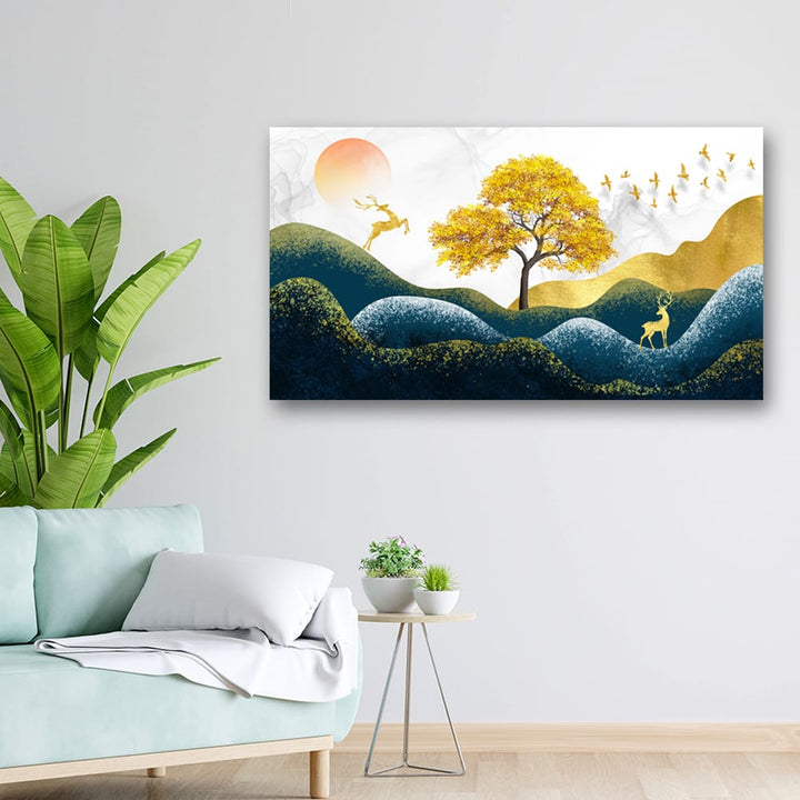 36x20 Canvas Painting - Golden Birds Flying Jumping Deer